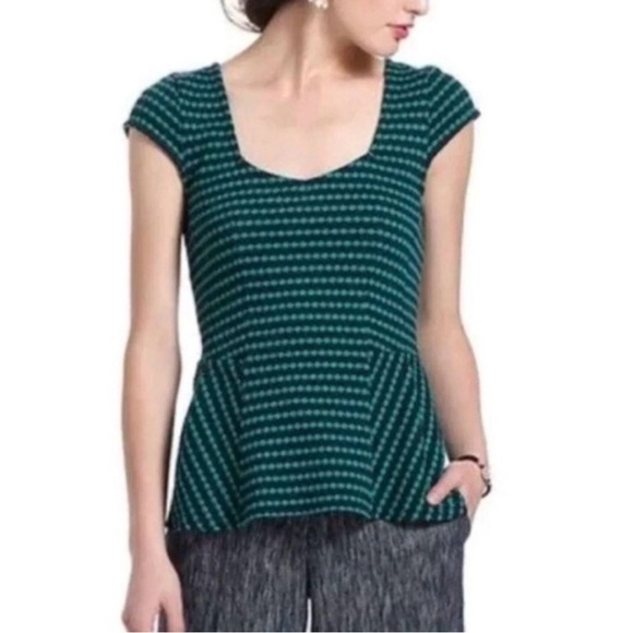 ⭐️ANTHROPOLOGIE Postmark Peplum Blue and Green Patterned Top - Picture 1 of 5